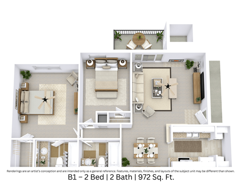 Floor plan for 2 beds, 2 baths, 972 sqft